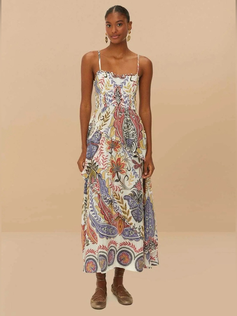 FARM RIO Off-White Boho Glam Loopy Trim Maxi Dress